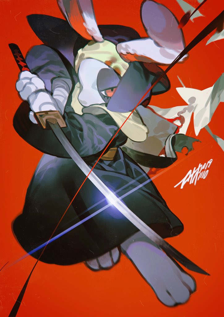 4_fingers anthro blood bodily_fluids clothed clothing female fingers fur katana melee_weapon nun red_background red_eyes simple_background sword weapon white_body white_fur yotsuyu nun_bun_(niking) lagomorph leporid mammal rabbit signature