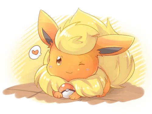 ambiguous_gender blush feral fur heart_symbol one_eye_closed orange_body orange_eyes orange_fur pokeball simple_background solo speech_bubble standard_pokeball white_background yellow_body yellow_fur sakurakazuki nintendo pokemon eeveelution flareon generation_1_pokemon pokemon_(species) 4:3 low_res