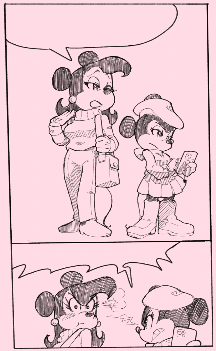 angry anthro blush clothing duo electronics female hat headgear headwear phone pouting purse speech_bubble sweater topwear two_panel_image mbwillie disney amelia_fieldmouse minnie_mouse mammal mouse murid murine rodent hi_res