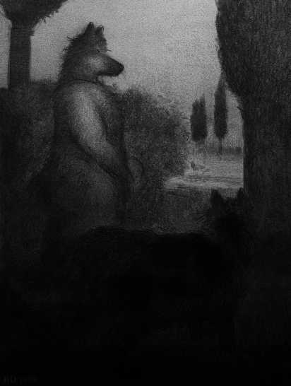 ambiguous_gender anthro casual_nudity duo eyes_closed feral male male/ambiguous outside short_tail slightly_chubby standing tail bd canid canine canis domestic_dog mammal archived_source black_and_white graphite_(artwork) monochrome traditional_media_(artwork)