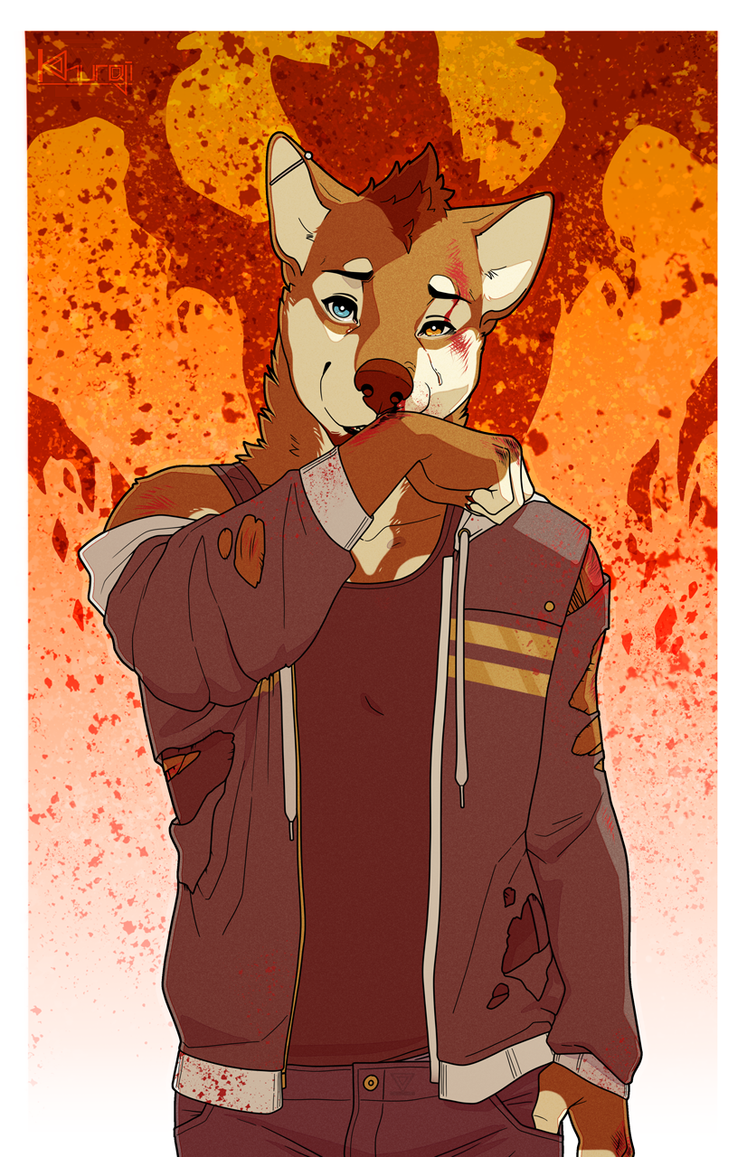 anthro blood bodily_fluids bottomwear clothed clothing denim denim_bottomwear denim_clothing fur hair heterochromia jacket jeans male nosebleed pants simple_background smile solo teeth topwear torn_clothing khuraji canid canine canis domestic_dog mammal cut_(disambiguation) digital_media_(artwork) hi_res