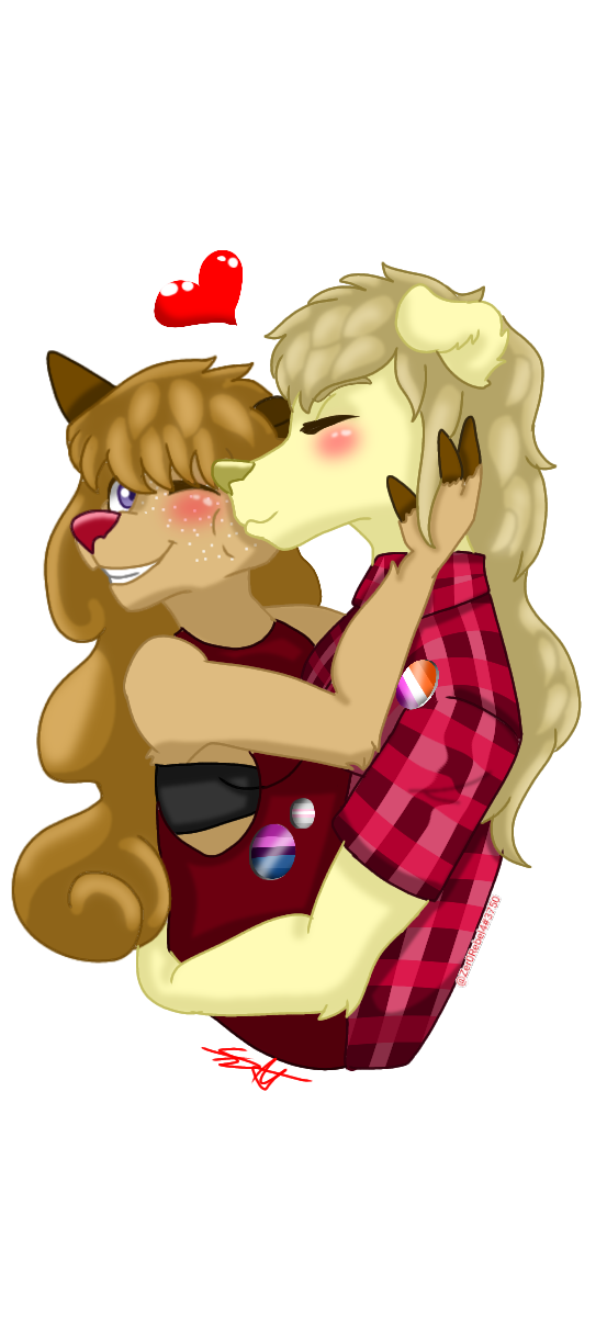 amber_hair anthro arm_around_waist blonde_hair blush bra brown_body brown_ears brown_fur brown_markings caramel_hair clothing demigirl_pride_colors duo eyes_closed female female/female fingers floppy_ears freckles fur hair hand_on_cheek heart_symbol hooved_fingers hooves hug kissing kissing_cheek lesbian_pride_colors lgbt_pride long_hair markings omnisexual_pride_colors one_eye_closed orange_lesbian_pride_colors outline pattern_clothing plaid plaid_clothing pride_colors purple_eyes red_clothing red_nose romantic romantic_ambiance romantic_couple shirt simple_background smile spots spotted_markings tan_body tan_fur tan_hair tank_top topwear transparent_background underwear white_freckles wink yellow_body yellow_fur zer0rebel4 hazel_(zer0rebel4) payge_(zer0rebel4) bird_dog canid canine canis cervine deer domestic_dog golden_retriever great_dane hunting_dog hybrid mammal mastiff molosser new_world_deer retriever white-tailed_deer alpha_channel digital_media_(artwork) half-length_portrait hi_res portrait