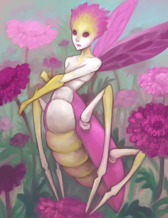 ambiguous_gender detailed_background flower insect_wings looking_at_viewer micro nude outside pink_eyes plant solo wings stringmouse arthropod arthropod_taur fairy insect insect_taur taur digital_media_(artwork)