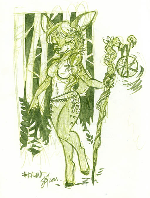 anthro breasts eyes_closed featureless_breasts female forest fur hair navel outside plant solo staff tree j3t deer faun mammal 2021 monochrome