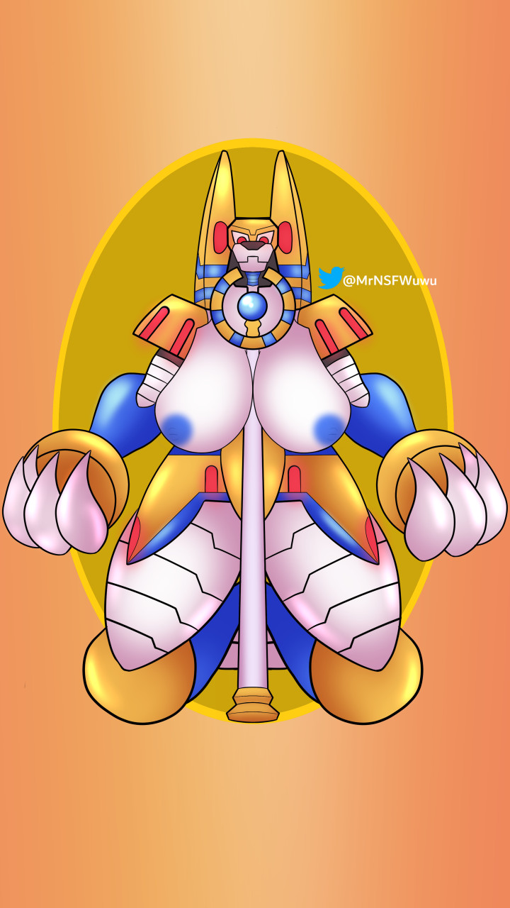 anthro areola big_breasts blue_areola blue_nipples breasts crossgender female front_view huge_breasts machine nipples object_between_breasts orange_background red_eyes simple_background solo staff staff_between_breasts thick_thighs white_body wide_hips yellow_background mrpencilnsfw capcom mega_man_(series) mega_man_zero anubis_necromancess anubian_jackal canid canine canis jackal mammal reploid robot 9:16 hi_res