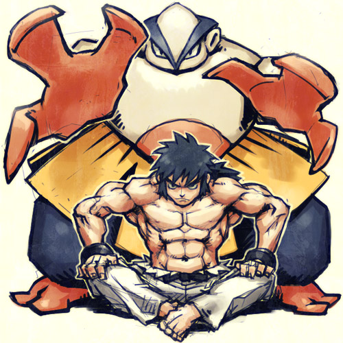 2_toes 3_fingers 5_fingers 5_toes abs barefoot belt black_hair bottomwear bracelet clothed clothing duo feet fingers frown hair hand_on_leg jewelry looking_at_viewer male muscular muscular_male nipples not_furry pants simple_background sitting standing tan_body tan_skin toes toony topless white_background may_dog nintendo pokemon bruno_(pokemon) generation_3_pokemon hariyama human humanoid mammal pokemon_(species) 1:1 low_res