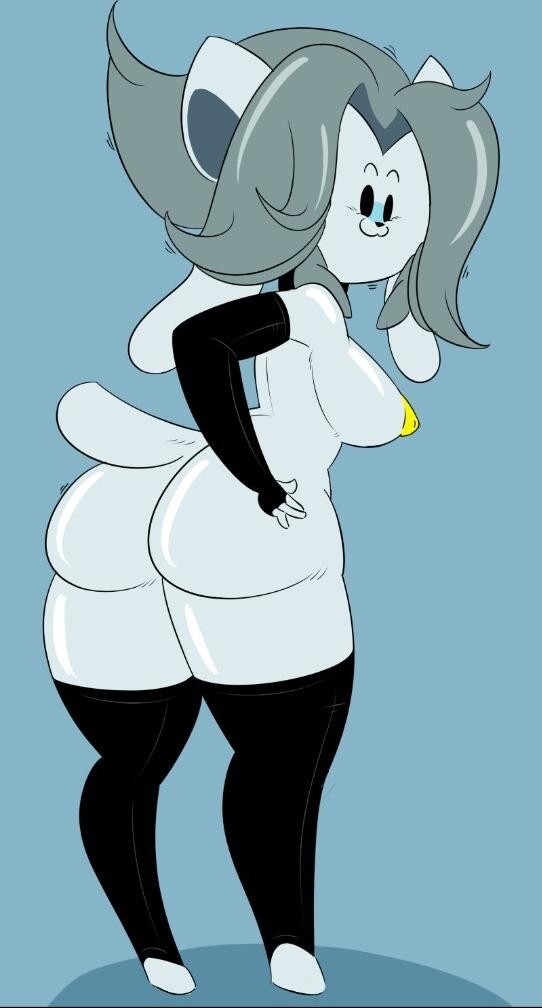 anthro areola armwear big_butt breasts butt clothing female grey_hair hair legwear looking_at_viewer looking_back mostly_nude nipples solo wide_hips dongitos undertale undertale_(series) temmie_(undertale) tem