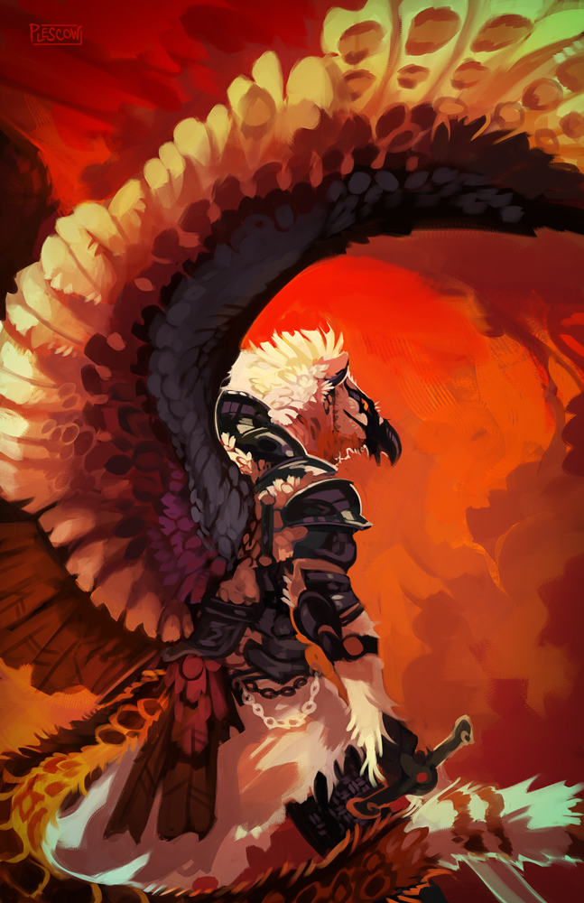 anthro armor beak biped brown_body brown_feathers brown_fur chain cloud feathered_wings feathers fur furgonomics gem grey_body grey_feathers looking_back male melee_weapon orange_eyes orange_sky pauldron red_sky ruby_(gem) sky solo spread_wings standing sword tail warrior weapon white_body white_feathers white_fur wings centradragon mythology fystilago accipitrid accipitriform avian bearded_vulture bird felid grave_gryphon gryphon jaguar mammal mythological_avian mythological_creature old_world_vulture pantherine vulture