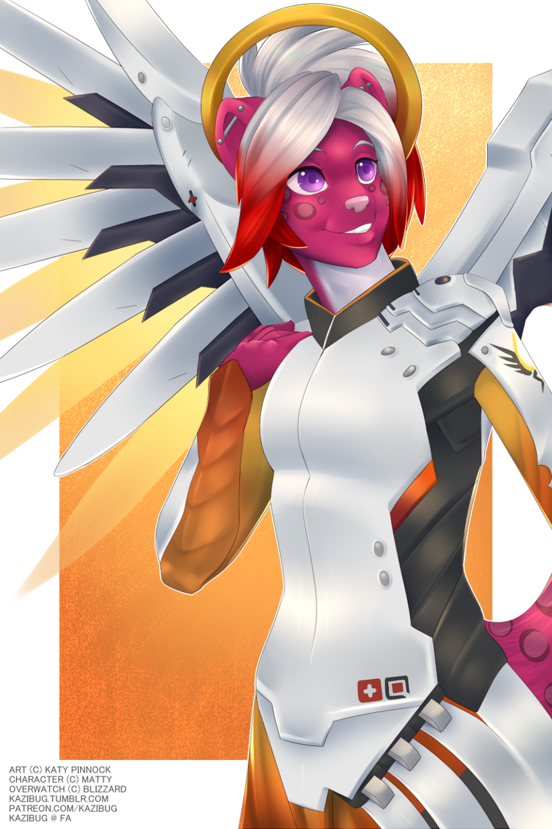 5_fingers anthro cosplay ear_piercing female fingers gradient_hair hair piercing purple_eyes smile solo text kazibug blizzard_entertainment overwatch mercy_(overwatch) felid mammal digital_media_(artwork) hi_res url