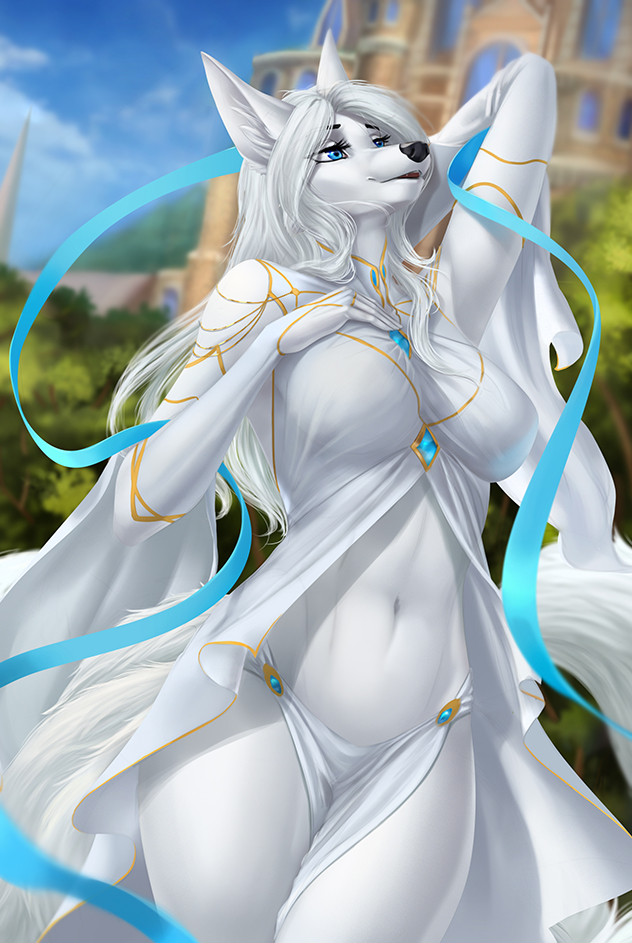 anthro black_nose blue_eyes breasts clothed clothing day detailed_background eyebrows eyelashes female fur hair midriff navel outside sky small_waist smile solo white_body white_fur white_hair elvofirida krinele_fullin canid canine dreamspinner fox mammal 2022 digital_media_(artwork)