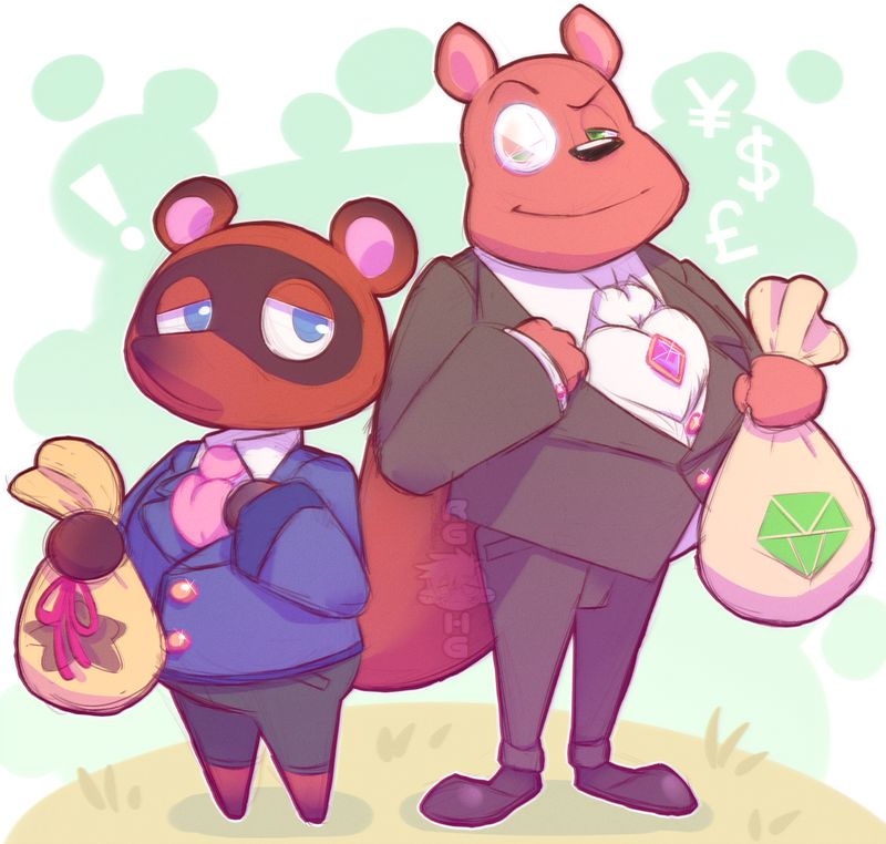 anthro blue_eyes classy clothing currency_symbol dollar_sign duo exclamation_point eyewear footwear gem half-closed_eyes male money monocle narrowed_eyes pound_sign round_ears shoes size_difference smile suit symbol yen_sign reggiehedgie activision animal_crossing nintendo spyro_the_dragon moneybags_(spyro) tom_nook_(animal_crossing) bear canid canine mammal raccoon_dog tanuki crossover unavailable_at_source