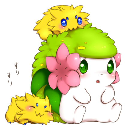 ambiguous_gender back_plant back_shrub blush carrying_another daww feral flower flower_(anatomy) group head_flower on_head plant simple_background trio aimia492 nintendo pokemon elemental_creature flora_fauna generation_4_pokemon generation_5_pokemon joltik land_forme_shaymin legendary_pokemon pokemon_(species) shaymin 1:1 digital_media_(artwork) low_res shaded