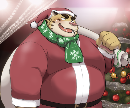 anthro belly big_belly blush christmas_clothing christmas_headwear christmas_tree clothing costume hat headgear headwear holidays humanoid_hands kemono male overweight overweight_male plant santa_costume santa_hat scarf solo tree 00murice christmas felid mammal pantherine tiger 2023 low_res