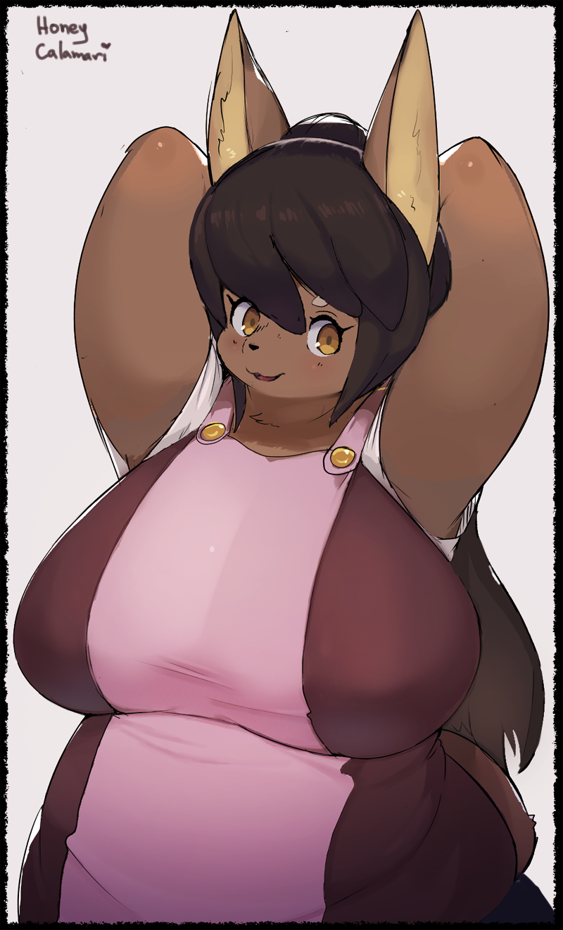 anthro apron big_breasts black_nose breasts brown_body brown_eyes brown_fur brown_hair clothed clothing curvy_figure female fully_clothed fur hair hands_behind_head huge_breasts kemono long_ears long_hair looking_at_viewer mature_anthro mature_female simple_background slightly_chubby smile solo standing voluptuous white_background wide_hips honeycalamari canid canine mammal hi_res