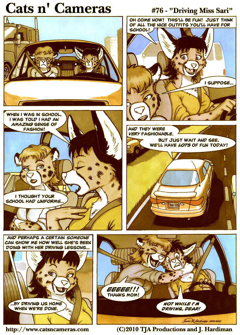 anthro car clothed clothing crossed_arms dialogue driving duo female frown inside_car inside_vehicle mature_anthro mature_female text vehicle james_m_hardiman cats_n'_cameras manila_doyle sarina_doyle domestic_cat felid feline felis mammal serval comic english_text marker_(artwork) mixed_media pen_(artwork) traditional_media_(artwork) url