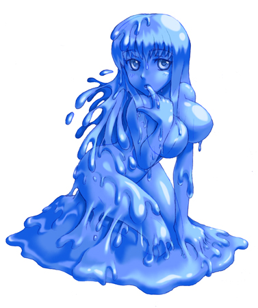 big_breasts blue_body blue_eyes blue_hair breasts featureless_breasts female hair humanoid_hands kneeling long_hair looking_at_viewer monster_girl_(genre) not_furry nude simple_background solo translucent translucent_body white_background wide_hips kenkou_cross goo_creature humanoid low_res