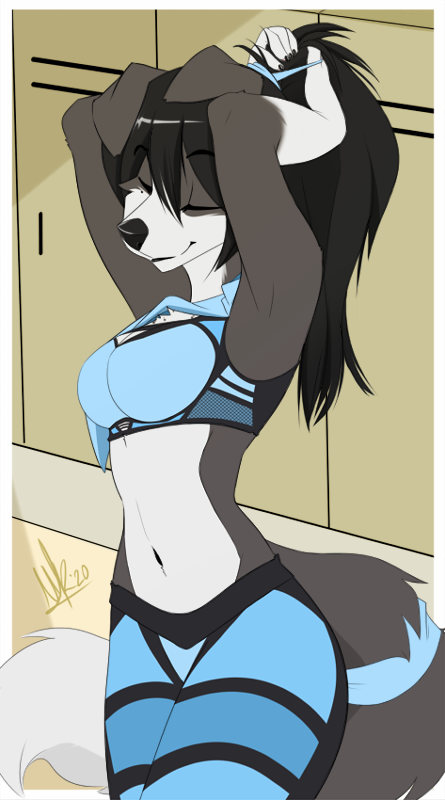 5_fingers anthro athletic_wear black_hair black_nose bottomwear bra breasts clothing female fingers hair locker locker_room midriff navel pants raised_arm smile solo sports_bra standing underwear yoga_pants wolflady chloe_(abananaman) canid canine canis domestic_dog mammal 2020 digital_media_(artwork)