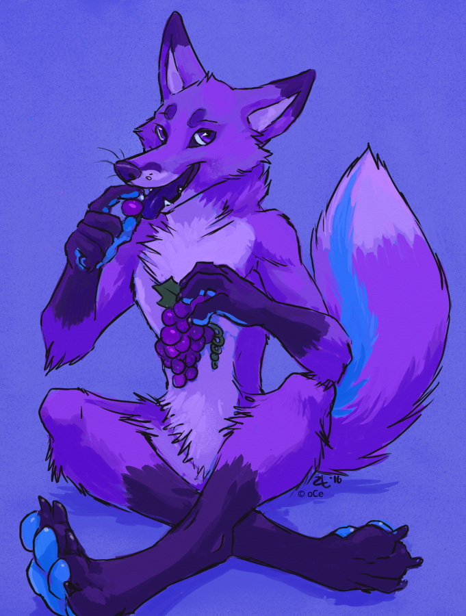 anthro biped eating food fruit fur grape looking_at_viewer male nude plant purple_body purple_fur simple_background sitting solo tail amara_telgemeier syfaro canid canine fox mammal 2016 purple_theme