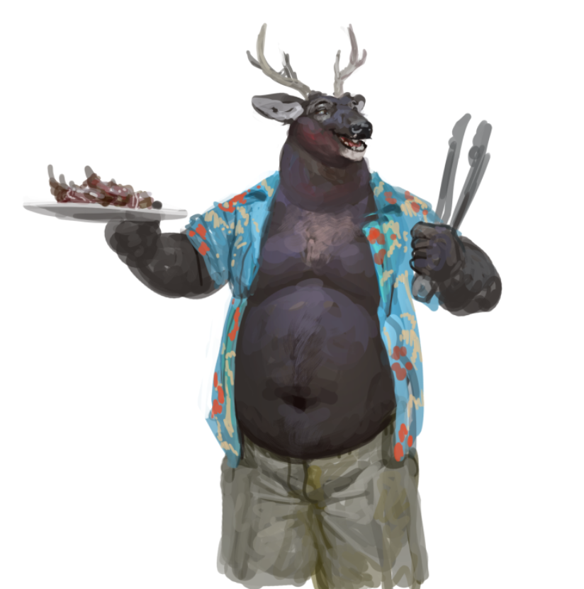 aloha_shirt anthro antlers belly bottomwear clothed clothing dress_shirt food fur grey_body grey_fur holding_object holding_plate horn male meat navel open_clothing open_mouth open_shirt open_topwear overweight overweight_anthro overweight_male pants partially_clothed pattern_clothing pattern_shirt pattern_topwear plate shirt simple_background smile solo standing tongs tools topwear white_background cettus deer mammal 2024