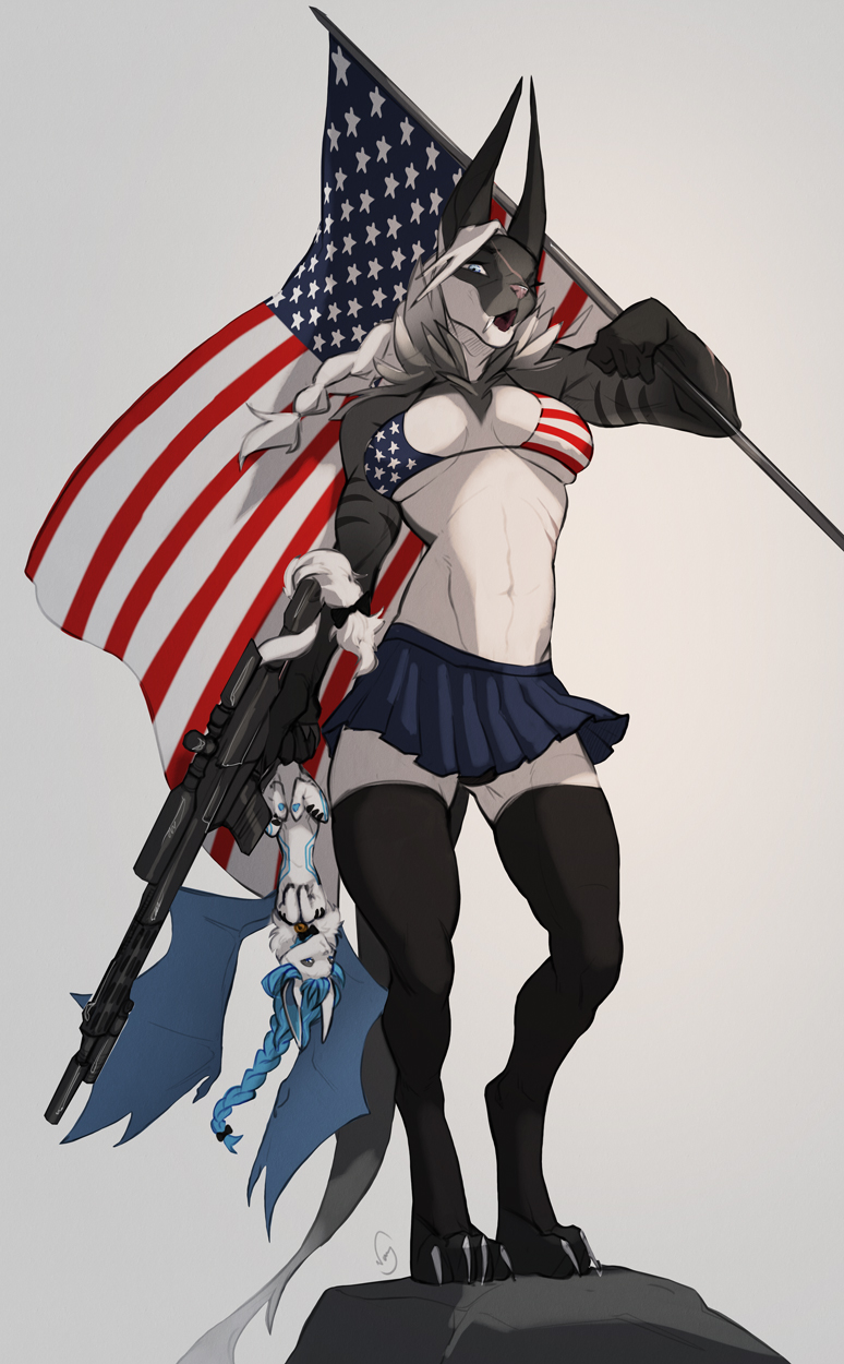 american_flag anthro black_bottomwear black_clothing black_ears black_nose black_skirt bottomwear bra claws clothing countershade_face countershade_torso countershading digitigrade dreadlocks female flag flag_(object) fur grey_background grey_body grey_fur gun hair holding_flag holding_object long_ears long_hair looking_at_viewer machine_gun plushie ranged_weapon simple_background skirt snout solo standing toe_claws underwear united_states_of_america weapon white_body white_fur white_hair narney bat mammal unknown_species 2022 full-length_portrait hi_res portrait