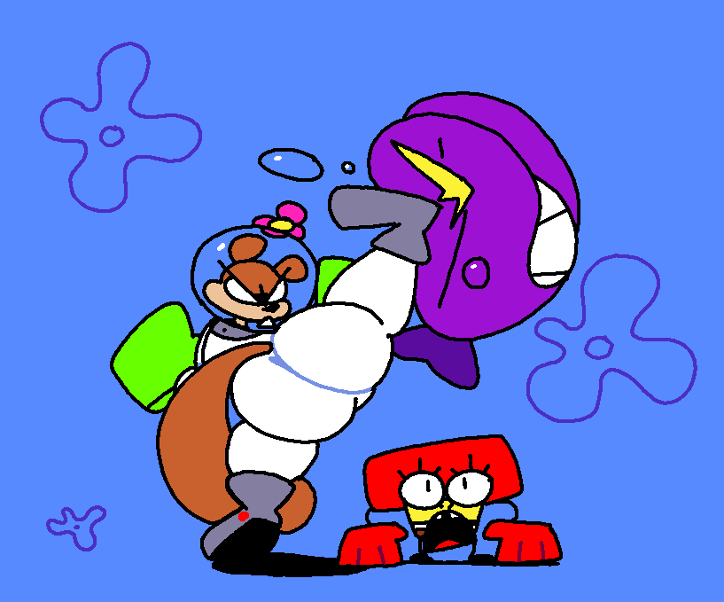 ambiguous_feral ambiguous_gender anthro big_butt butt female female_anthro feral fight flower flower_cloud_(spongebob) group kick male male_anthro plant sponge surprise superiorfox nickelodeon spongebob_squarepants sandy_cheeks spongebob_squarepants_(character) bivalve clam mammal marine mollusk rodent sciurid sea_sponge tree_squirrel