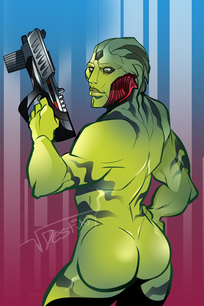 abstract_background back_muscles biceps butt green_body green_skin gun hand_on_side holding_gun holding_object holding_ranged_weapon holding_weapon looking_at_viewer looking_back male muscular muscular_male nude pose ranged_weapon smile solo stripes three-quarter_view triceps weapon squarerootofdestiny bioware electronic_arts mass_effect thane_krios alien alien_humanoid drell humanoid 2:3 hi_res pinup portrait three-quarter_portrait