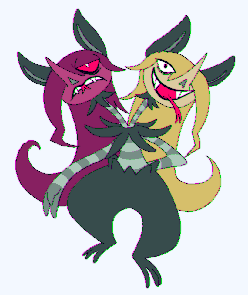 2_heads 3_fingers 3_toes ambiguous_gender anthro blonde_hair chromatic_aberration fangs feet fingers forked_tongue frown fusion green_ears green_inner_ear green_legs hair hair_over_eye hand_behind_back leaf long_hair looking_at_viewer multi_head open_mouth pokemon_fusion purple_face purple_hair red_eyes red_tongue smile solo striped_arms striped_chest striped_neck teeth toes tongue white_mouth yellow_face plentyofsoup nintendo pokemon reaper_(plentyofsoup) generation_8_pokemon generation_9_pokemon morgrem pokemon_(species) scovillain 2023