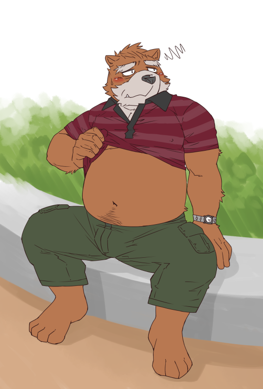 anthro belly blush bottomwear brown_body brown_fur clothed clothing cute_fangs fangs fur humanoid_hands kemono male navel open_clothing open_shirt open_topwear overweight overweight_anthro overweight_male pants shirt sitting solo teeth topwear ryuta-h bear mammal 2015