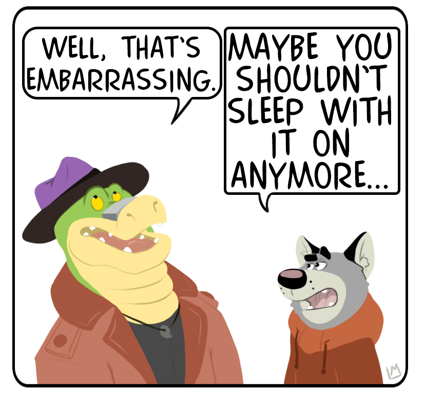 anthro clothing countershading dialogue duo green_body grey_body hat headgear headwear hoodie polygonal_speech_bubble shirt speech_bubble suggestion talking_to_another text topwear scruffydraws brok_the_investigator cowcat_games brok_(brok_the_investigator) graff_filsh alligator alligatorid crocodilian domestic_cat felid feline felis mammal reptile scalie 2022 comic english_text