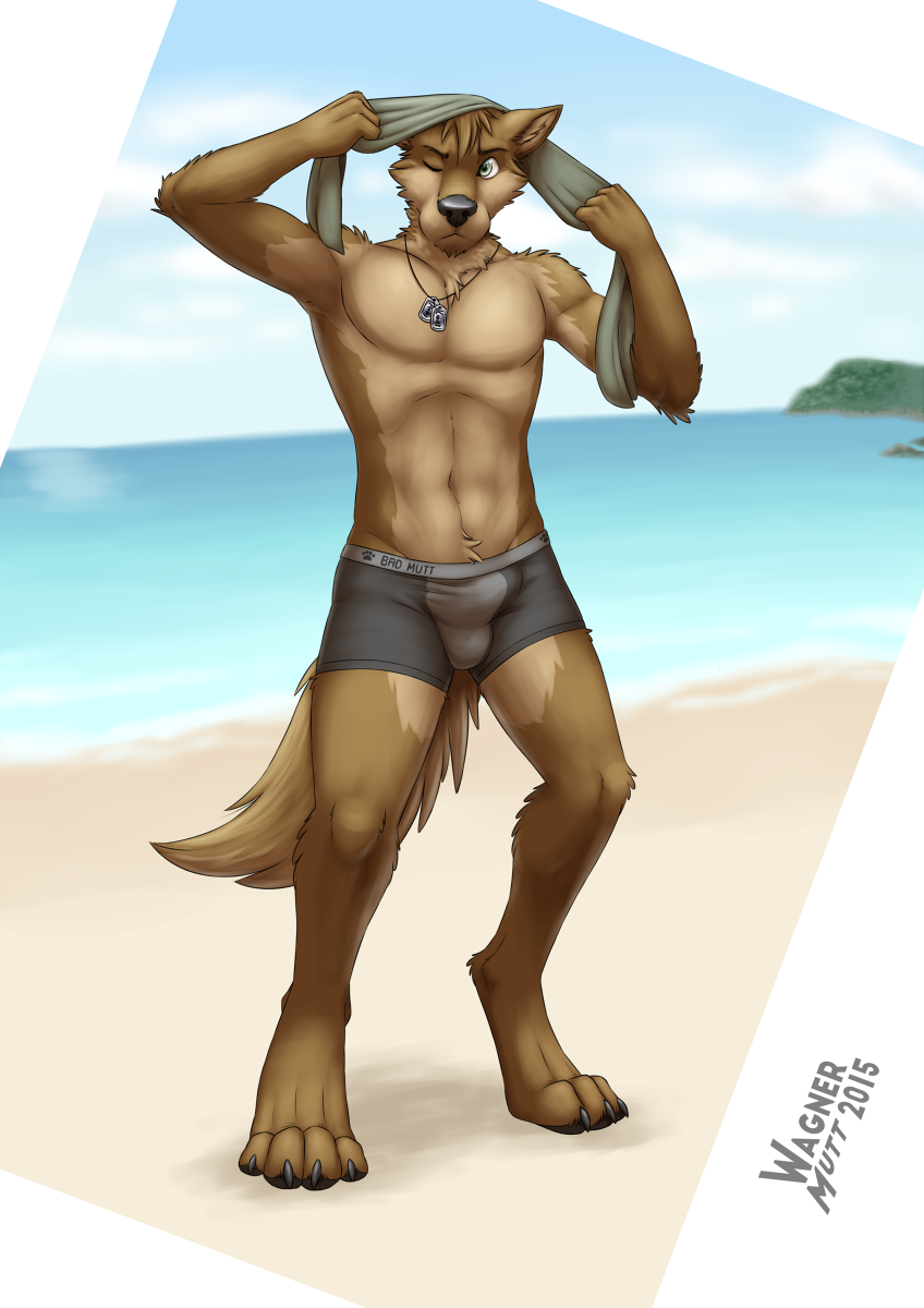 4_toes annoyed anthro athletic athletic_anthro athletic_male barefoot beach black_claws black_nose black_pawpads blurred_background boxers_(clothing) boxers_only brown_body brown_fur bulge cheek_tuft chin_tuft claws clothed clothing cloud day depth_of_field detailed_bulge digitigrade dog_tags facial_tuft feet fingers fluffy fluffy_tail footprint fur genital_outline green_eyes head_tuft holding_object holding_towel inner_ear_fluff looking_at_viewer male multicolored_body multicolored_fur navel neck_tuft one_eye_closed outside pawpads pawprint pawprint_clothing paws pecs sand sea sky solo standing tail tan_body tan_fur text toe_claws toes topless towel tuft two_tone_body two_tone_fur underwear underwear_only water wide_eyed wagnermutt arany canid canine canis mammal wolf 2015 artist_name english_text hi_res shaded signature soft_shading