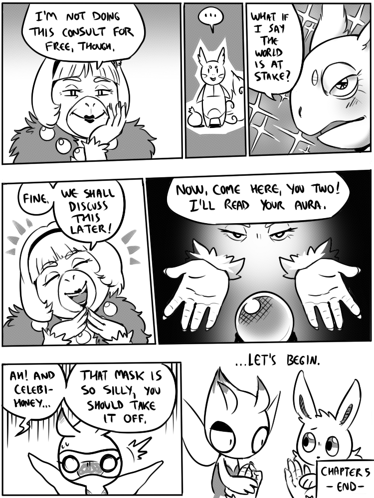 5_fingers 7_panel_comic accessory ambiguous_gender antennae_(anatomy) anterior_nasal_aperture anthro biped black_eyes black_text bodily_fluids cheek_spots closed_smile dialogue ellipsis exclamation_point eyebrows eyelashes eyes_closed feral fingers fluffy fluffy_tail fur gem group hair hand_holding jewelry lips lipstick looking_at_another makeup mouth_closed nails necklace open_mouth orb paws pearl_(gem) pearl_necklace pupils question_mark smile sparkles speech_bubble standing sweat sweatdrop tail talking_to_another text text_box white_pupils white_sclera wings flavia-elric nintendo pokemon pokemon_mystery_dungeon spike_chunsoft bayani_(yapc) celebi_(yapc) lux_(yapc) madam_alice_(yapc) celebi eevee generation_1_pokemon generation_2_pokemon generation_7_pokemon legendary_pokemon oranguru pokemon_(species) wartortle 2019 3:4 black_and_white comic digital_media_(artwork) end_page english_text monochrome