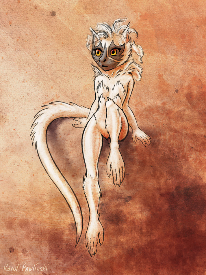 abstract_background amber_eyes ambiguous_gender anthro biped brown_background female fur hair simple_background sitting solo tail white_body white_fur white_hair karol_pawlinski lemur mammal primate sifaka silky_sifaka strepsirrhine