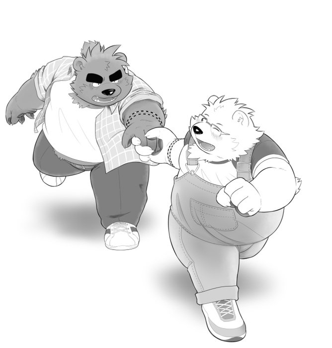 anthro blush bottomwear clothed clothing duo eyewear glasses hand_holding male one_eye_closed overalls overweight overweight_male pants shirt topwear wink tiger_cub shiro_to_kuro bear mammal polar_bear ursine 2018 monochrome