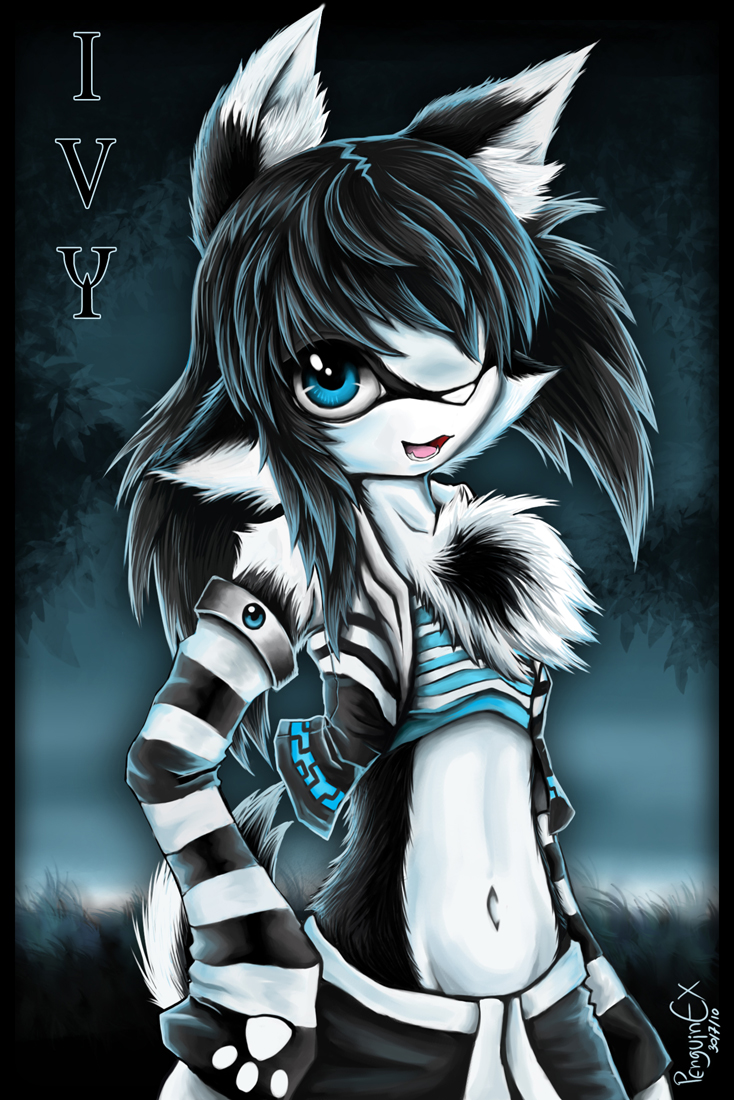 alternative_fashion anthro armwear black_body black_bottomwear black_clothing black_ears black_fur black_hair blue_eyes bottomwear cheek_tuft clothed clothing dipstick_ears ear_markings facial_tuft female fur glistening glistening_eyes hair inner_ear_fluff looking_at_viewer multicolored_ears navel open_mouth pattern_armwear pattern_clothing pattern_topwear solo standing striped_armwear striped_clothing striped_topwear stripes topwear tuft white_body white_ears white_fur white_inner_ear_fluff penguinexperience ivy_(penguinexperience) badger european_badger mammal meles mustelid musteline 2010 dated half-length_portrait portrait signature