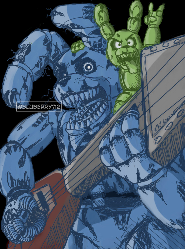 >:d angry anthro big_ears black_background black_eyes black_nose blue_body bow_tie carrying_another close-up devil_horns_(gesture) duo electric_guitar gesture green_body guitar guitarist hand_gesture hand_on_head holding_guitar holding_musical_instrument holding_object long_ears looking_at_viewer looking_away machine male musical_instrument notched_ear on_shoulder open_mouth plucked_string_instrument raised_arm rockstar sharp_teeth simple_background sitting size_difference smile standing string_instrument teeth tongue tongue_out torn_arm torn_body torn_face torn_leg whiskers wire bluberry712 five_nights_at_freddy's five_nights_at_freddy's_4 scottgames nightmare_bonnie_(fnaf) plushtrap_(fnaf) animatronic lagomorph leporid mammal rabbit robot 2021