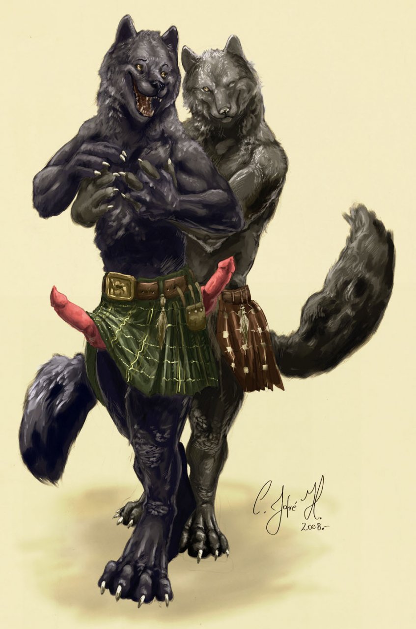 animal_genitalia animal_penis anthro biceps bottomwear canine_genitalia canine_penis claws clothed clothing duo erection genitals kilt male male/male muscular muscular_anthro muscular_male open_mouth open_smile pecs penis smile standing topless topless_anthro topless_male negy canid canine canis mammal wolf 2008 hi_res
