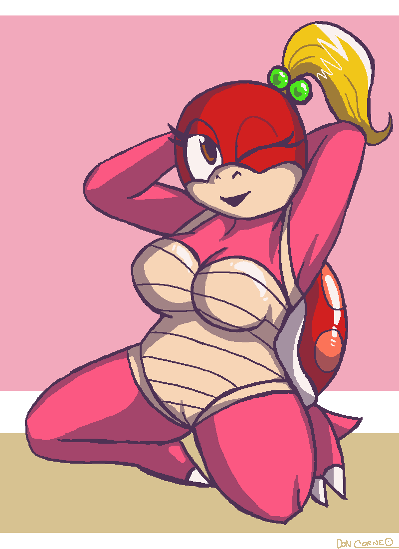 anthro biped blonde_hair breasts claws female genitals hair kneeling looking_at_viewer non-mammal_breasts nude one_eye_closed ponytail pose pussy shell smile solo wink doncorneo mario_bros nintendo super_mario_3d_land pom_pom_(mario) boom_boom koopa reptile scalie letterbox