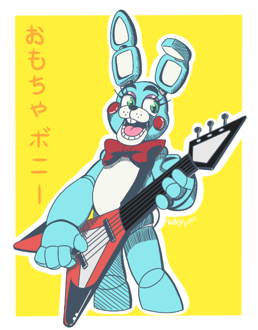 anthro blue_body bow_tie buckteeth eyebrows eyelashes eyeshadow femboy fingers green_eyes guitar machine makeup male musical_instrument open_mouth open_smile plucked_string_instrument red_cheeks simple_background smile solo string_instrument teeth text tongue white_body yellow_background artworkfanboibitch five_nights_at_freddy's five_nights_at_freddy's_2 scottgames toy_bonnie_(fnaf) animatronic lagomorph leporid mammal rabbit robot 2020 better_version_at_source irreplaceable_bvas japanese_text signature unavailable_at_source