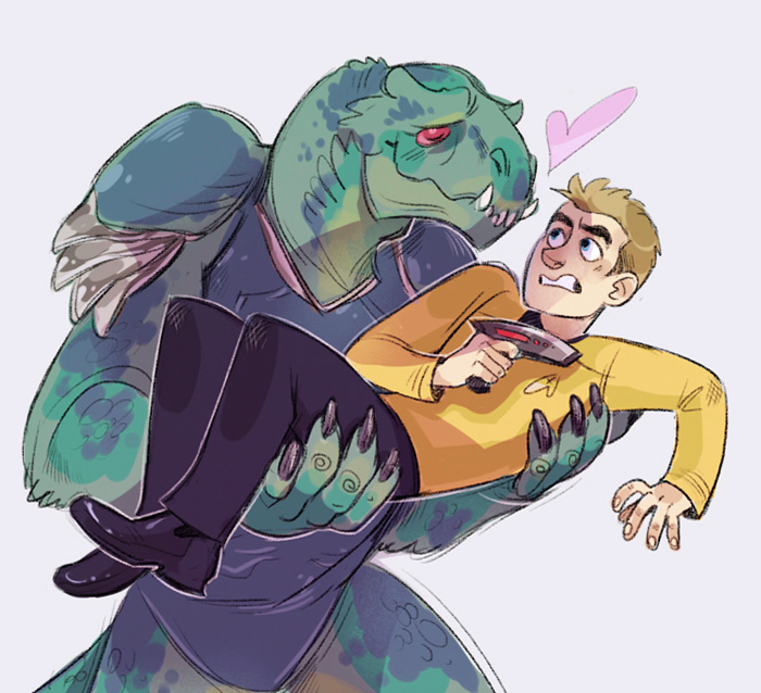 ambiguous_gender duo heart_symbol holding_another holding_object holding_weapon male phaser size_difference starfleet_uniform weapon kessavel star_trek star_trek_movies james_t._kirk gorn_(species) human mammal