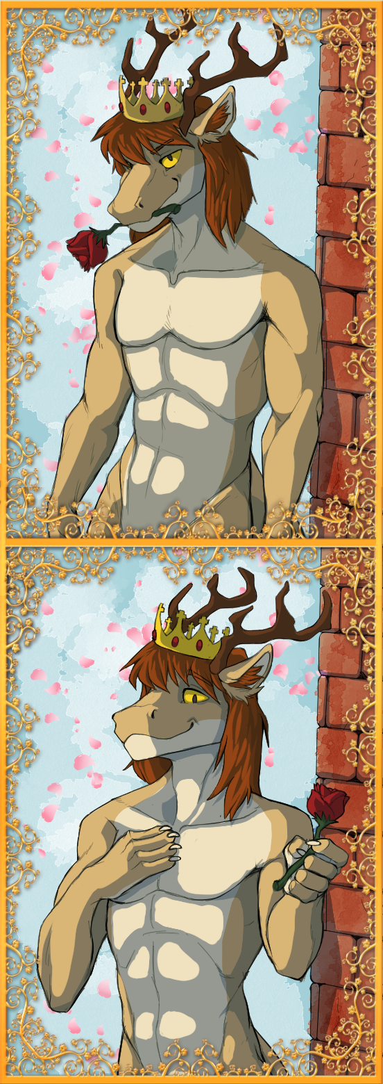 abs anthro antlers athletic athletic_male bedroom_eyes biceps claws crown day flower flower_in_mouth hand_on_chest headgear horn looking_at_viewer male mane muscular muscular_male narrowed_eyes nude offering_rose pecs petals picture_frame plant poetry prince romantic rose_(flower) royalty seductive smile solo sun tasteful_nudity wall_(structure) blakixtekzer_(artist) mythology prince_borgon dragon mythological_creature mythological_scalie scalie half-length_portrait hi_res portrait story story_in_description