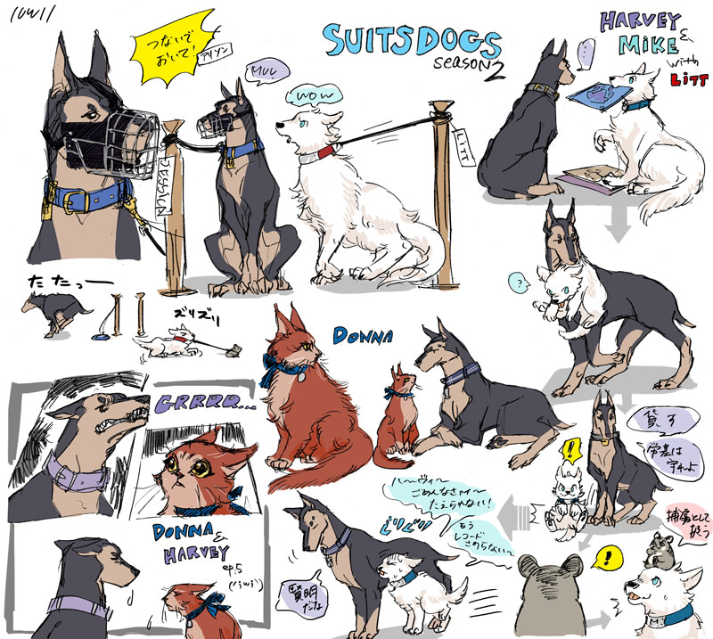 age_difference alternate_species collar duo female feral furrification male male/male muzzle_(object) size_difference text unchan suits_(tv_series) donna_paulsen harvey_specter louis_litt mike_ross canid canine canis cricetid dobermann domestic_cat domestic_dog felid feline felis hamster hybrid kuvasz livestock_guardian_dog mammal pastoral_dog pinscher rodent japanese_text