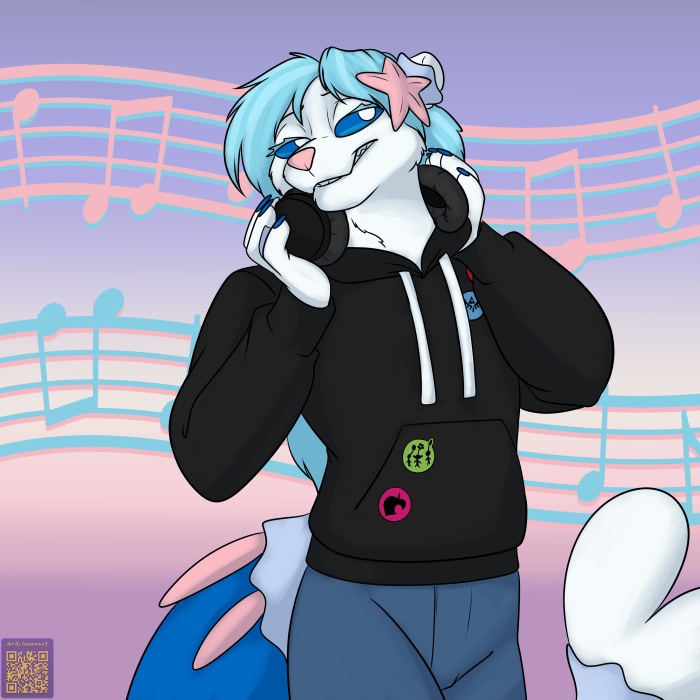 anthro blue_eyes blue_hair clothing electronics fur hair headphones hoodie male pink_nose solo starfish_(accessory) tail topwear white_body white_fur foxenawolf nintendo pokemon pause_(kztxl7) asterozoan echinoderm generation_7_pokemon marine pokemon_(species) primarina starfish 1:1