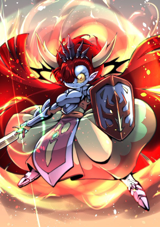 armor black_tiara boob_armor breastplate clothing crown female fire_background hair headgear horn imminent_attack looking_at_viewer melee_weapon not_furry one_eye_visible pale_skin red_eyes red_hair shield solo sword tiara weapon white_body white_skin yellow_sclera cocco disney star_vs._the_forces_of_evil hekapoo horned_humanoid humanoid