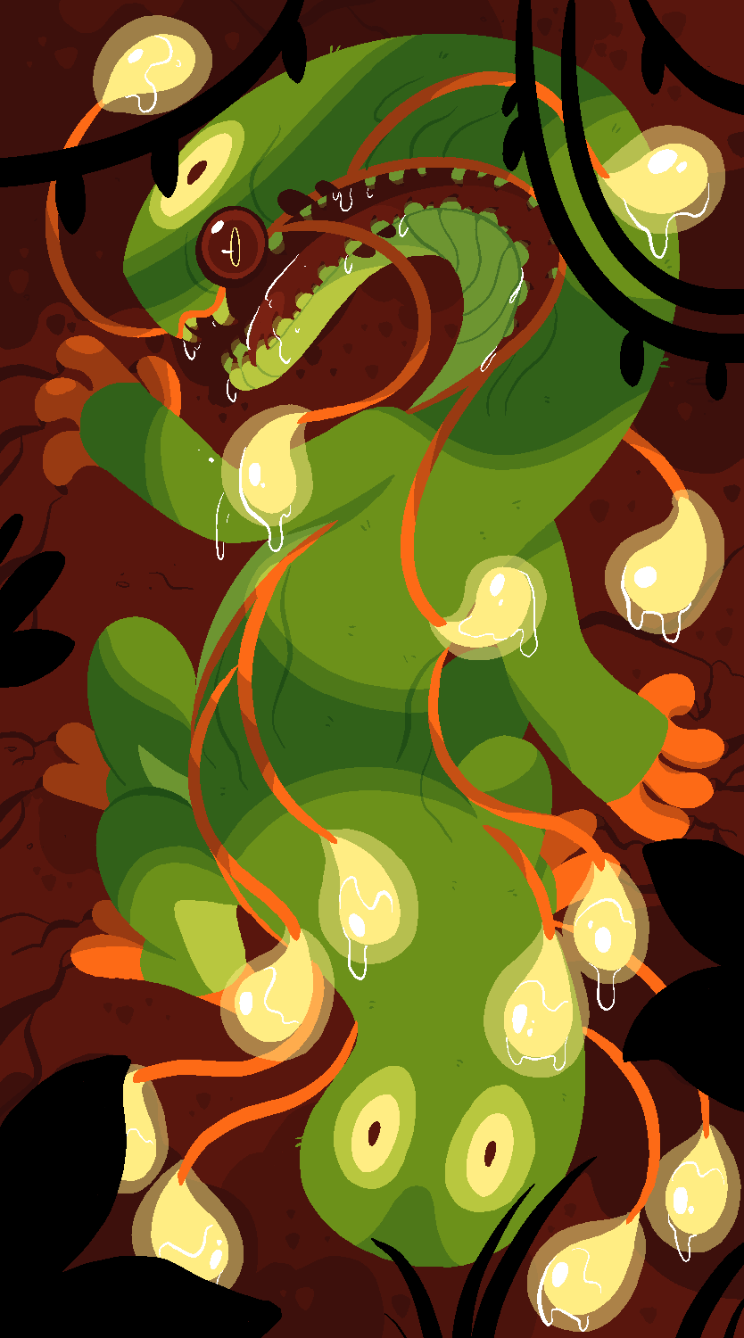 4_fingers ambiguous_gender fingers glowing green_body larva long_neck looking_at_viewer open_mouth outside plant pupils red_sclera slit_pupils solo standing tail tongue wee novern artfight artfight2023 arthropod caterpillar insect monster 2023 digital_media_(artwork) hi_res