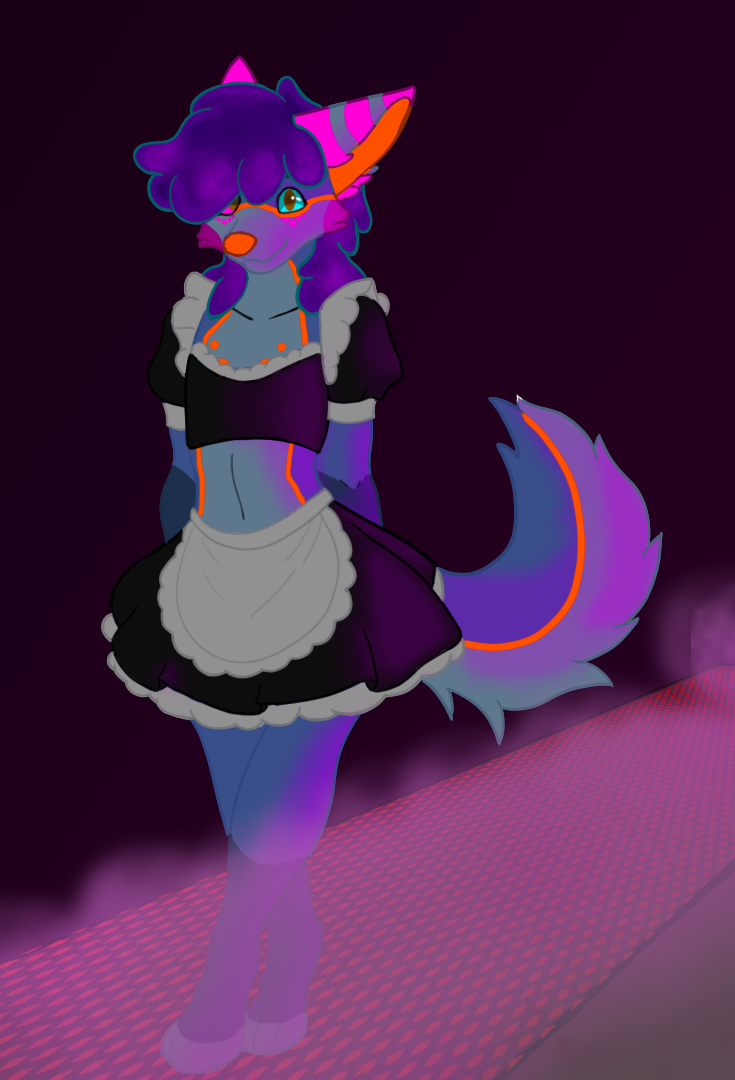 anthro big_ears blue_body blue_fur blush clothed clothing crossed_legs femboy fog fur goo_hair hair heterochromia looking_at_viewer maid_uniform male pseudo_hair simple_background smile solo tail uniform tide_wolfia canid canine goo_creature humanoid mammal digital_media_(artwork) shaded