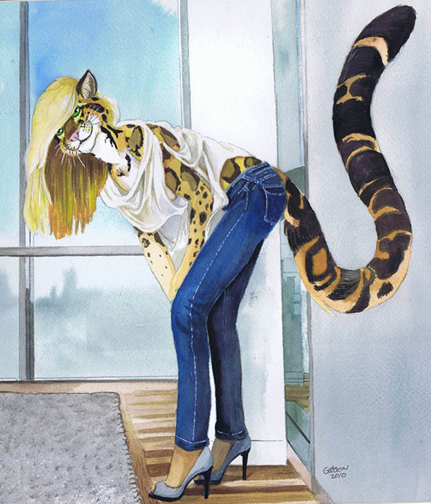 :3 anthro bent_legs bent_over biped black_body black_fur black_tail blonde_hair blue_bottomwear blue_clothing blue_jeans blue_pants bottomwear brown_body brown_fur brown_tail clothed clothing countershade_arms countershade_face countershade_tail countershade_torso countershading denim denim_bottomwear denim_clothing doorway extended_arms feet_together female floor footwear fur furgonomic_bottomwear furgonomics green_eyes grey_rug hair hand_on_leg hand_on_own_leg hand_on_own_thigh hand_on_thigh hands_on_leg hands_on_own_leg hands_together high_heels holding_leg inner_ear_fluff inside jeans knock-kneed leaning_on_self legs_together leopard_spots light_whiskers long_legs long_tail looking_at_viewer markings multicolored_body multicolored_fur multicolored_tail oversized_clothing pants pink_nose rug shirt shoes side_view smile solo spots spotted_body spotted_fur spotted_markings spotted_tail standing tail tail_button_bottoms tail_clothing tail_markings tan_body tan_countershading tan_fur tan_tail topwear tuft whiskers white_body white_clothing white_countershading white_topwear white_whiskers window wood wood_floor year roz_gibson clouded_leopard felid mammal pantherine 2010 dated full-length_portrait painting_(artwork) portrait signature traditional_media_(artwork) watercolor_(artwork)