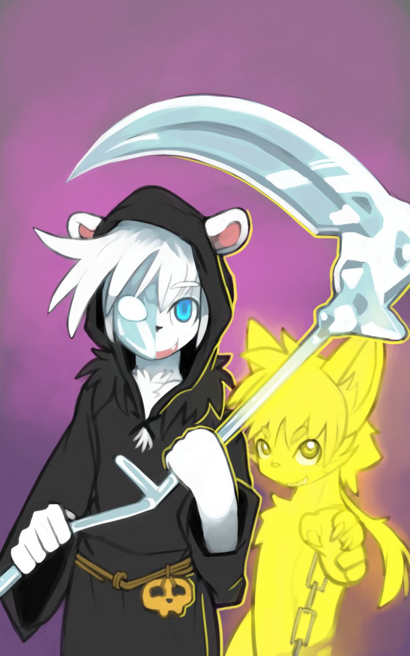 anthro chain clothing costume cute_fangs disguise duo glowing grin half_mask holding_object holding_weapon holidays hood ice ice_mask ice_scythe ice_weapon looking_at_viewer male mask melee_weapon nude personification polearm reaching_towards_viewer scythe smile standing weapon whiteleo halloween death_(personification) grim_reaper kay_(whiteleo) leo_(whiteleo) domestic_cat felid feline felis lion mammal pantherine 5:8 hi_res brother_(lore) brothers_(lore) sibling_(lore)