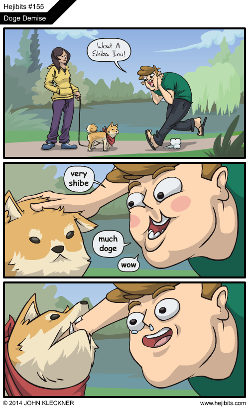 ambiguous_gender bite black_nose blush dialogue fangs female feral humor lake male nom om_nom_nom open_mouth petting snout teeth text unimpressed john_kleckner dogelore doge canid canine canis domestic_dog human mammal shiba_inu spitz 2014 comic english_text meme