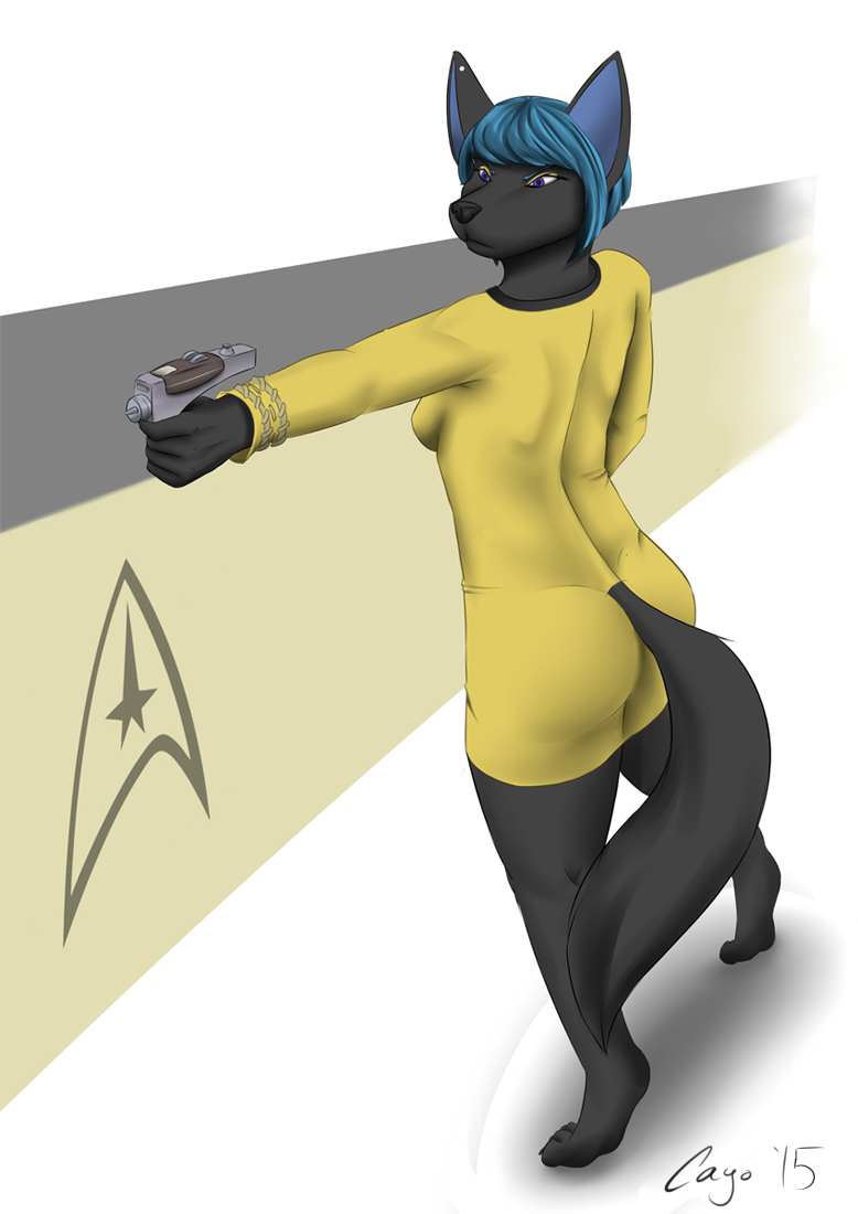 anthro barefoot biped black_body black_fur blue_hair butt clothed clothing cosplay feet female fur furgonomics hair phaser pose purple_eyes shirt solo tail tail_clothing topwear cayo star_trek canid canine canis jackal mammal 2015