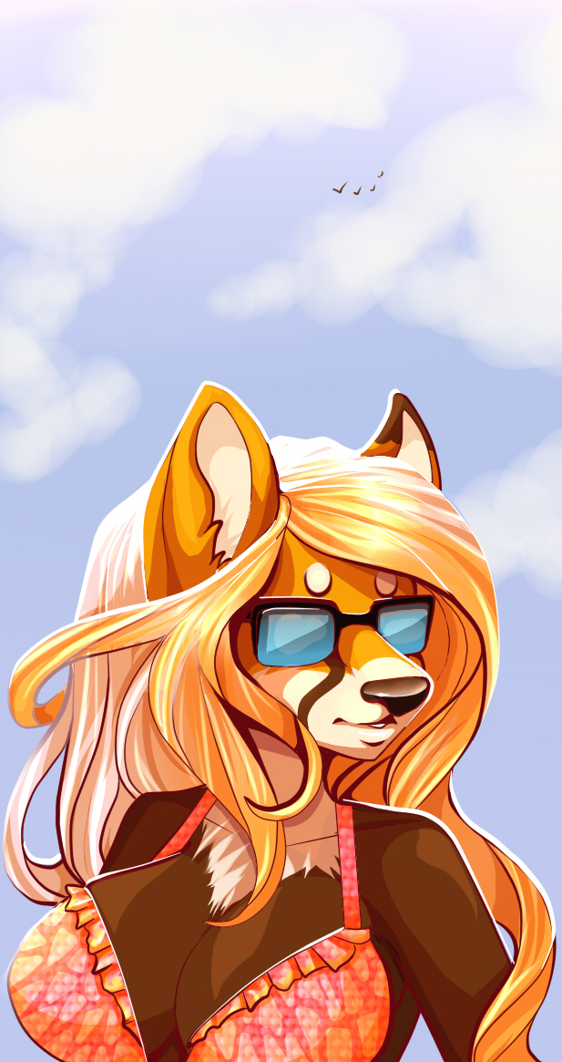 anthro blonde_hair bra clothing cloud eyewear female hair sky solo sunglasses underwear robyn_paperdoll redd_(areddpanda) ailurid avian bird mammal red_panda digital_media_(artwork) shaded